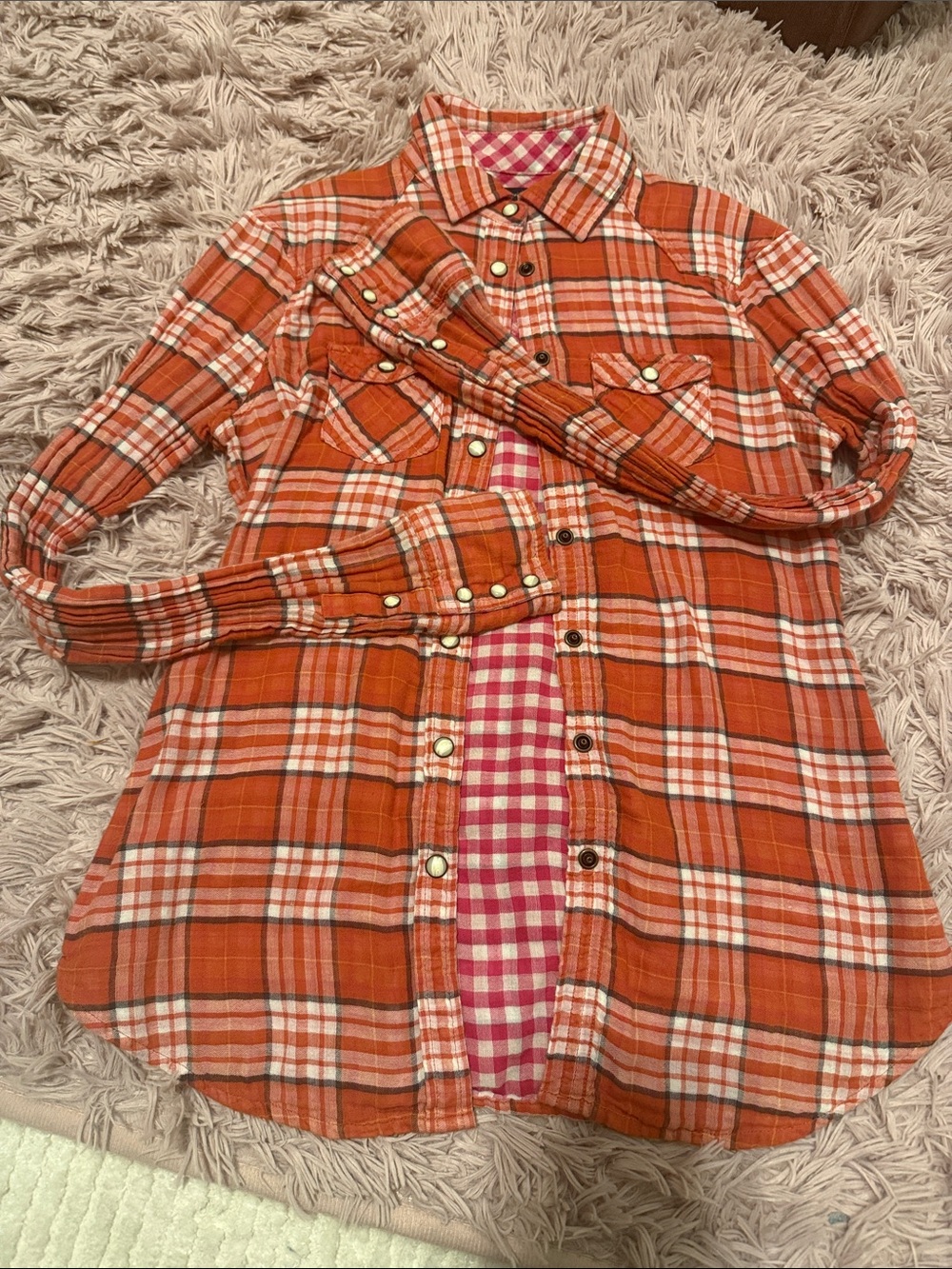 American Eagle Outfitters Orange and Pink Plaid Shirt